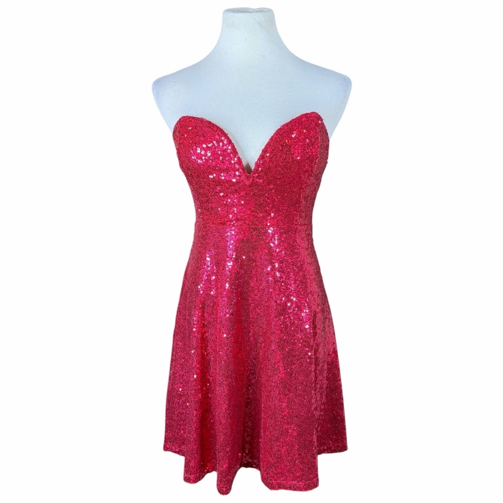 Vtg Charlotte Russe Red Sequin Sweetheart Strapless Flounce Hem Dress - Medium